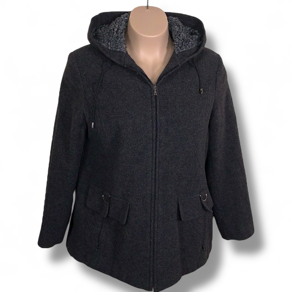 XL Vintage Covington Dark Grey Wool Coat Hooded Fix Fur Lined Classic Zip